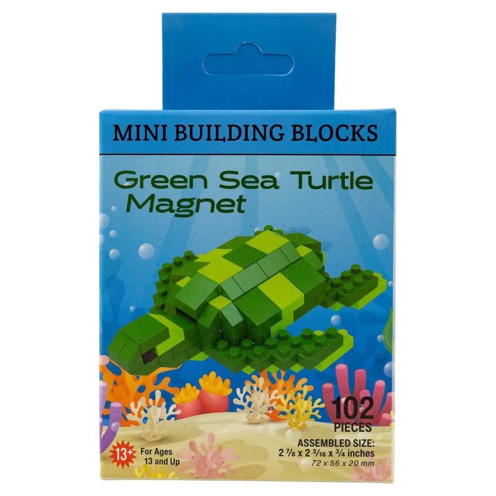 Packaging of mini building blocks shaped like a green sea turtle magnet with blue background