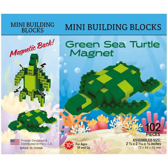 Box of mini building blocks that create a magnet shaped like a green sea turtle with ocean-themed design.