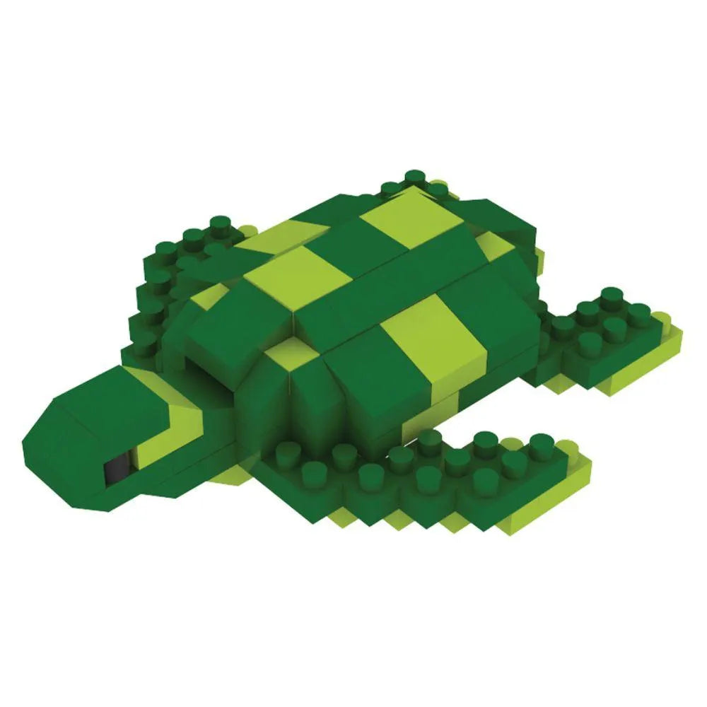 Mini block magnet set of a green sea turtle against a white background.