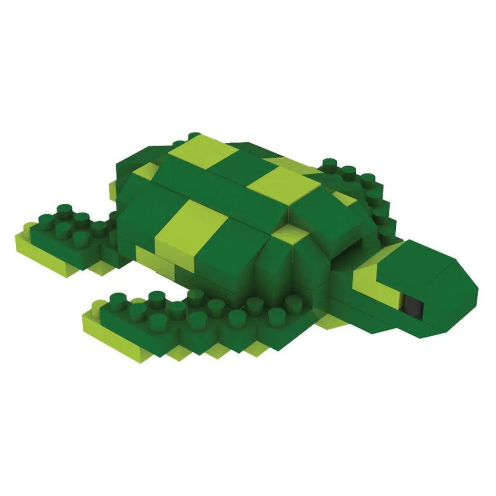 Mini block magnet set of a green sea turtle against a white background.