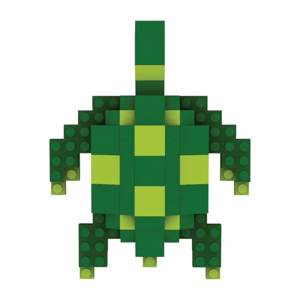Mini block magnet set of a green sea turtle against a white background.