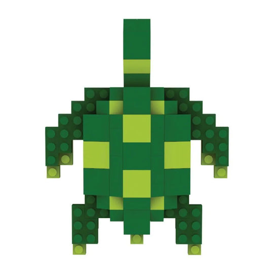 Mini block magnet set of a green sea turtle against a white background.
