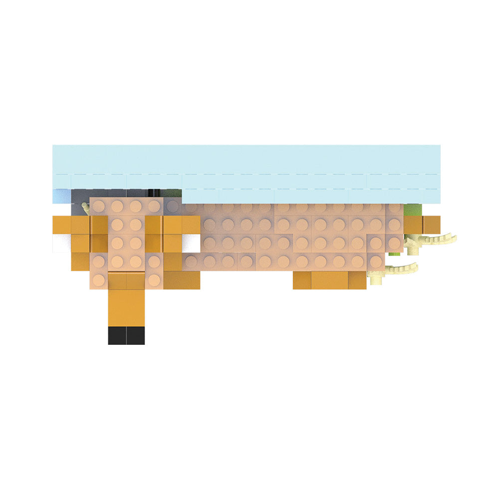 A block-style animal figure constructed from tan, yellow, black, and light blue building bricks on a plain white background.