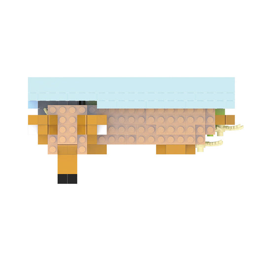 A block-style animal figure constructed from tan, yellow, black, and light blue building bricks on a plain white background.