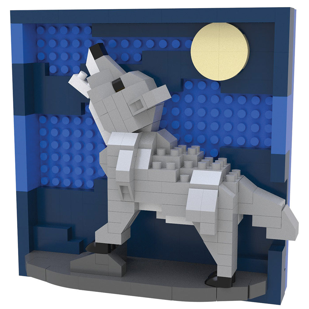 A small-scale block-built model of a wolf howling upward, constructed from light gray and white bricks, set against a blue stud-patterned backdrop with a pale yellow moon on a white background.