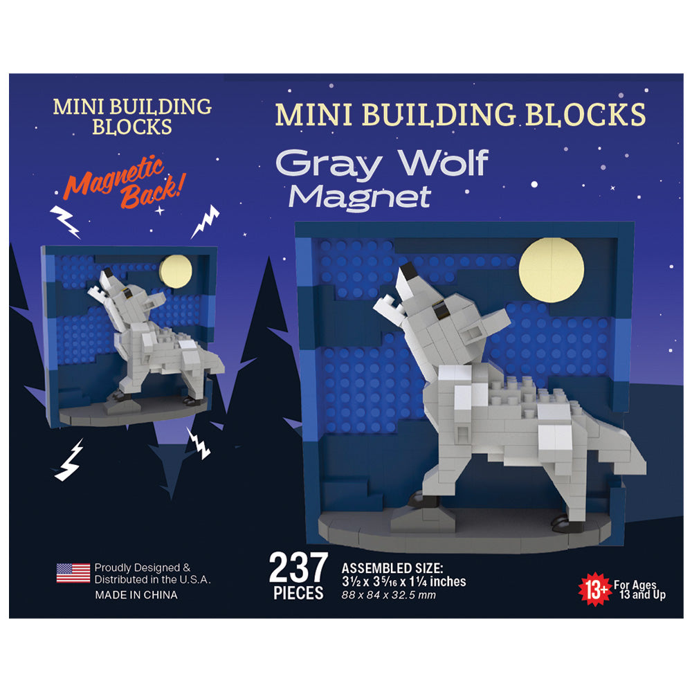 Front of a mini building blocks product box for a gray wolf magnet set, showing assembled gray wolf figures in a dark blue night-themed package design.