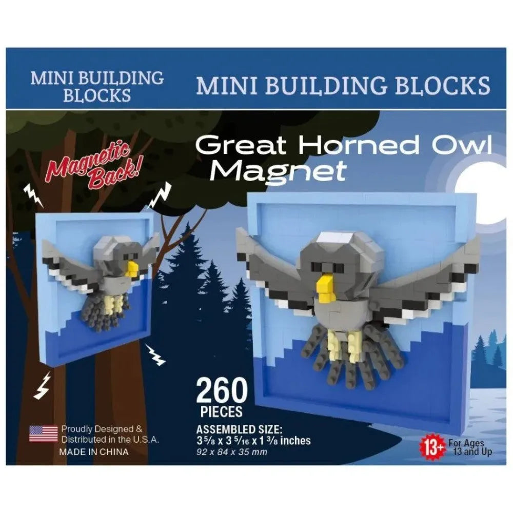 Mini building blocks packaging for Great Horned Owl Magnet with tree and owl illustration.