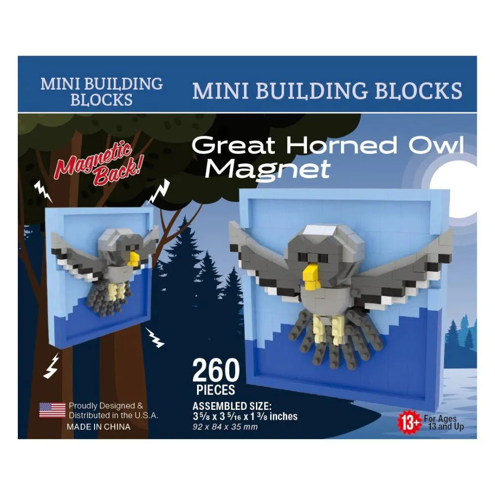 Mini building blocks packaging for Great Horned Owl Magnet with tree and owl illustration.