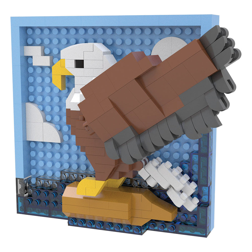 A 3D block-built eagle sculpture mounted on a light blue display board with a blue stud base, shown against a plain white background.