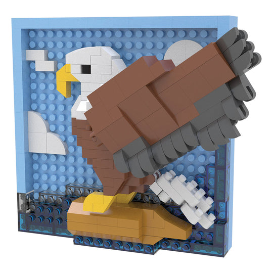 A 3D block-built eagle sculpture mounted on a light blue display board with a blue stud base, shown against a plain white background.