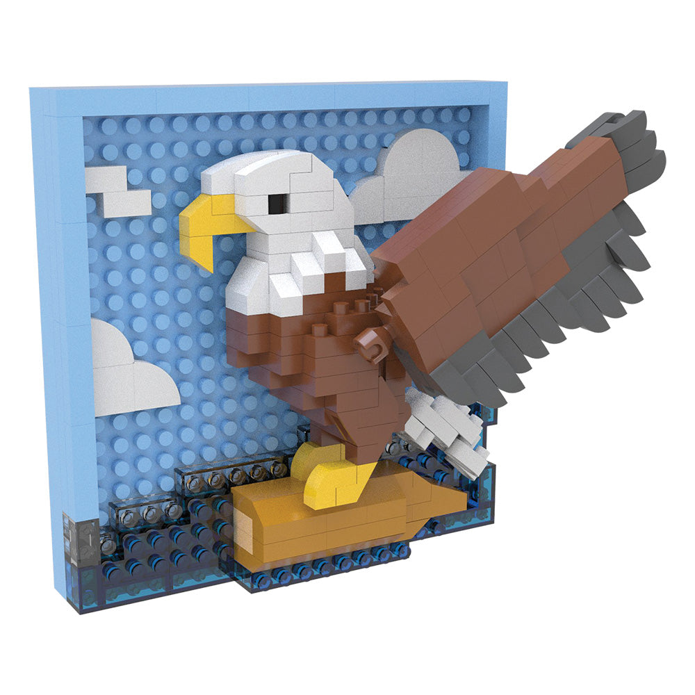 A block-style eagle model with a blue sky backdrop, white clouds, and a yellow perch, constructed from interlocking toy bricks.