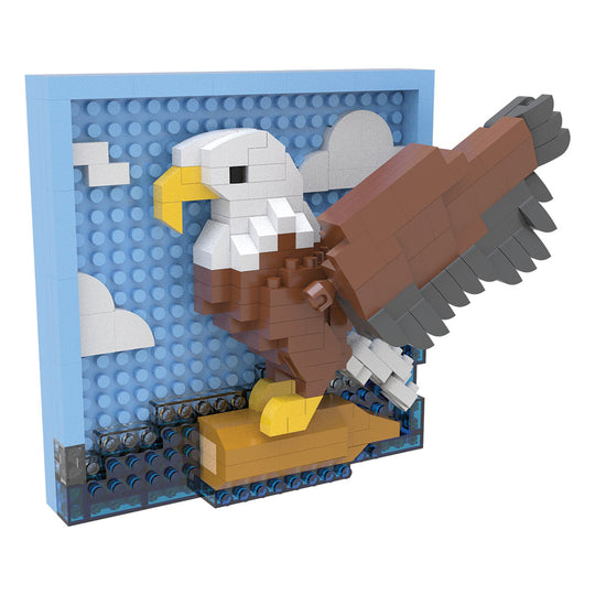 A block-style eagle model with a blue sky backdrop, white clouds, and a yellow perch, constructed from interlocking toy bricks.