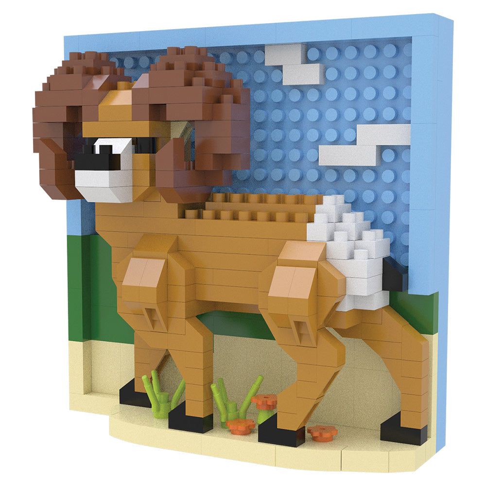A small animal building block sculpture of a brown ram with large curled horns, standing in front of a blue stud wall with white clouds and green side panels, on a light beige base with small green and orange plants.