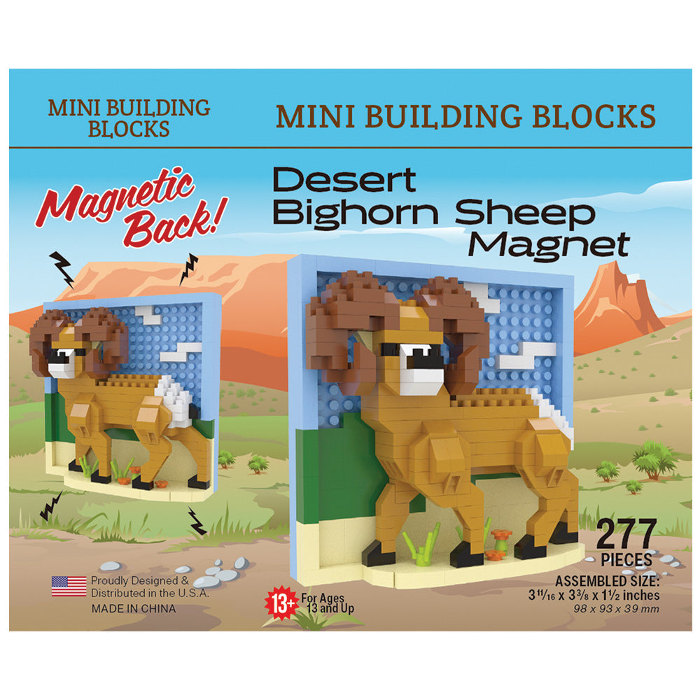 Front packaging of a Mini Building Blocks set featuring a Desert Bighorn Sheep Magnet, showing a assembled pixelated brown and white sheep in a blue frame with desert landscape background. 