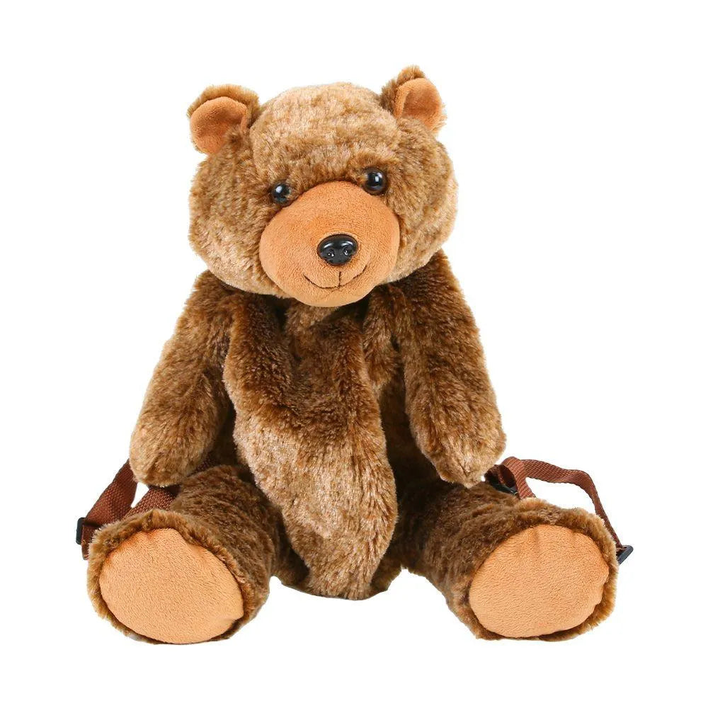 A brown grizzly bear plush backpack