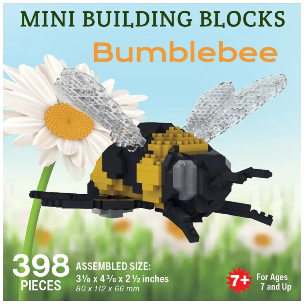 Mini building blocks set shaped like a bumblebee on a flower with product details.