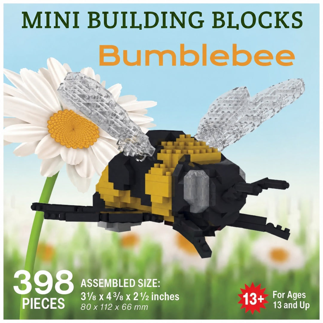 Promotional graphic for a mini building blocks set featuring a bumblebee model and a daisy flower. Text reads 'MINI BUILDING BLOCKS Bumblebee', '398 PIECES', 'ASSEMBLED SIZE: 3 1/2 x 4 3/8 x 2 1/2 inches', and 'For Ages 13 and Up'.