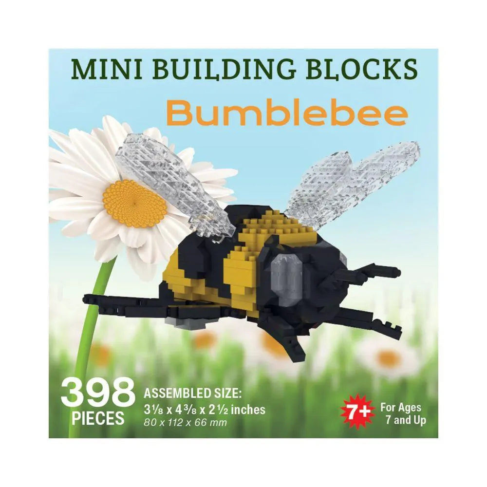 Mini building blocks set of a bumblebee on a flower with packaging details.