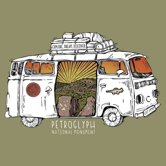 Illustration of a van with a scenic view and 'Petroglyph National Monument' text on a beige background
