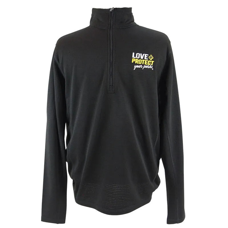 A black quarter-zip fleece pullover for men with the text 'Love + Protect your parks' printed on the front.