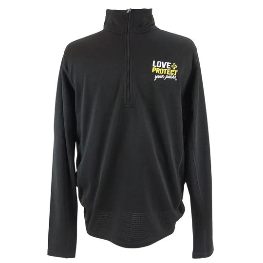 A black quarter-zip fleece pullover for men with the text 'Love + Protect your parks' printed on the front.