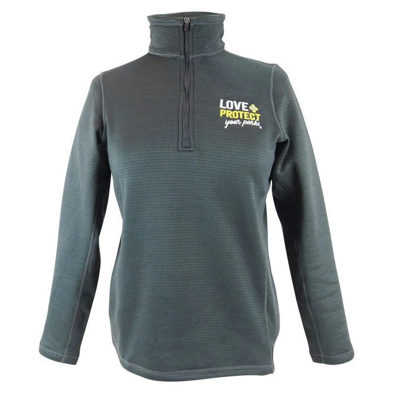 A gray quarter-zip fleece pullover for women with a logo on the chest that reads 'Love Protect Your Parks'.