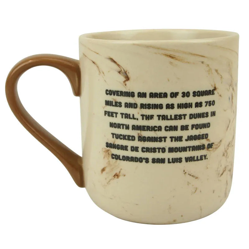 Great Sand Dunes National Park Round Logo Marbled Mug reverse with interpretive text