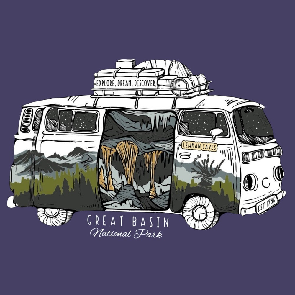 Illustration of a van with Great Basin National Park design on a purple background