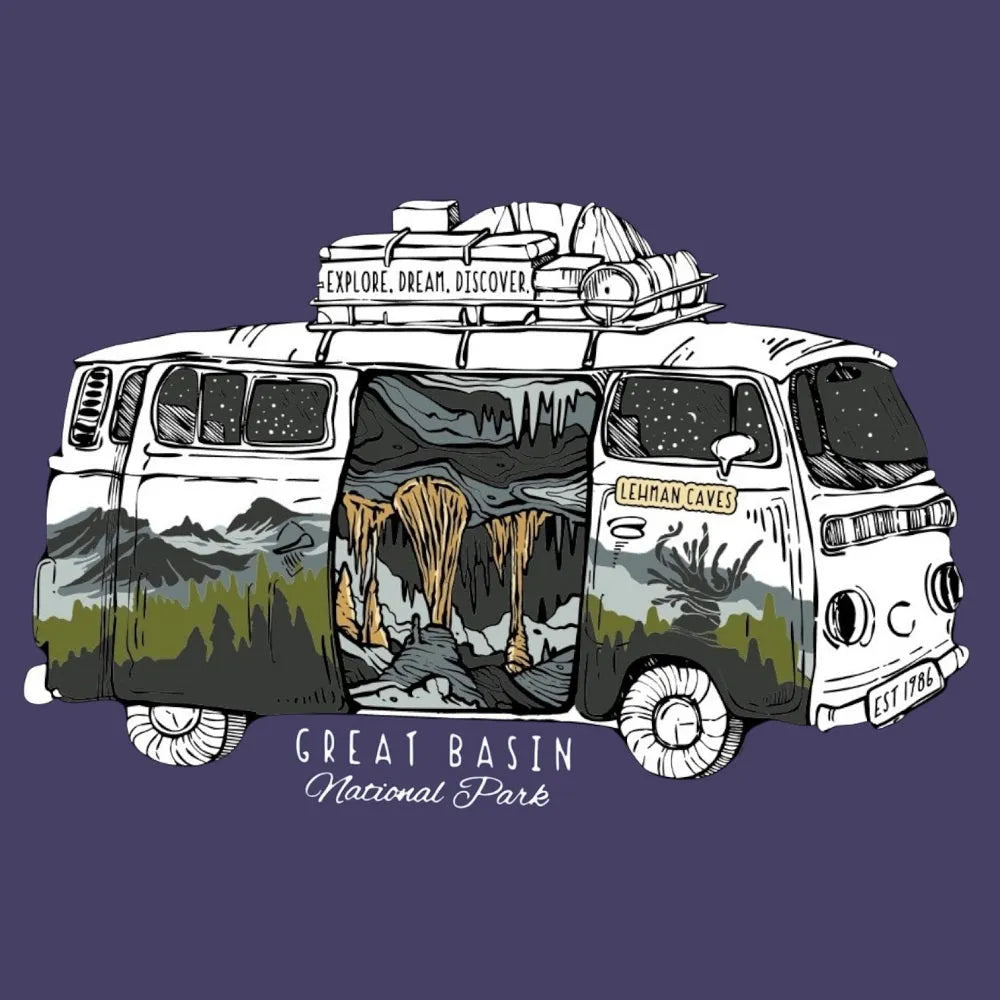 Illustration of a van with Great Basin National Park design on a purple background