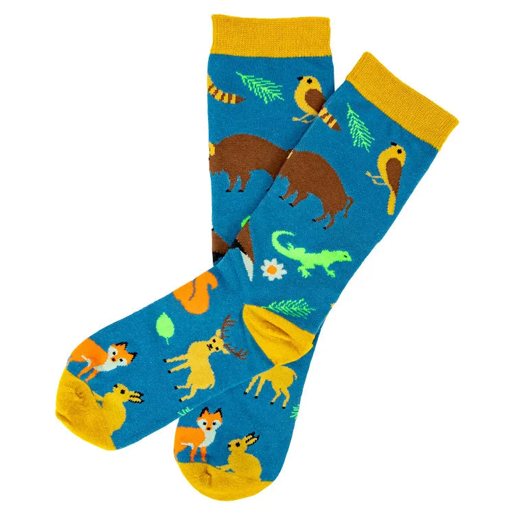 Colorful socks with animal patterns on a white background