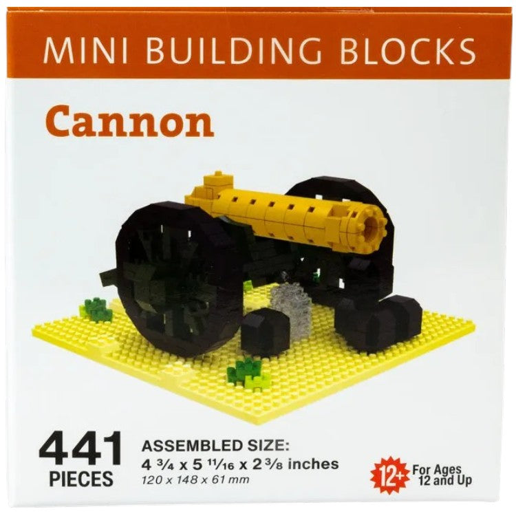 Mini building blocks cannon set on a white background with text and branding.
