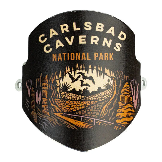 Carlsbad Caverns National Park Hiking Stick Medallion - Badge Logo on white background.