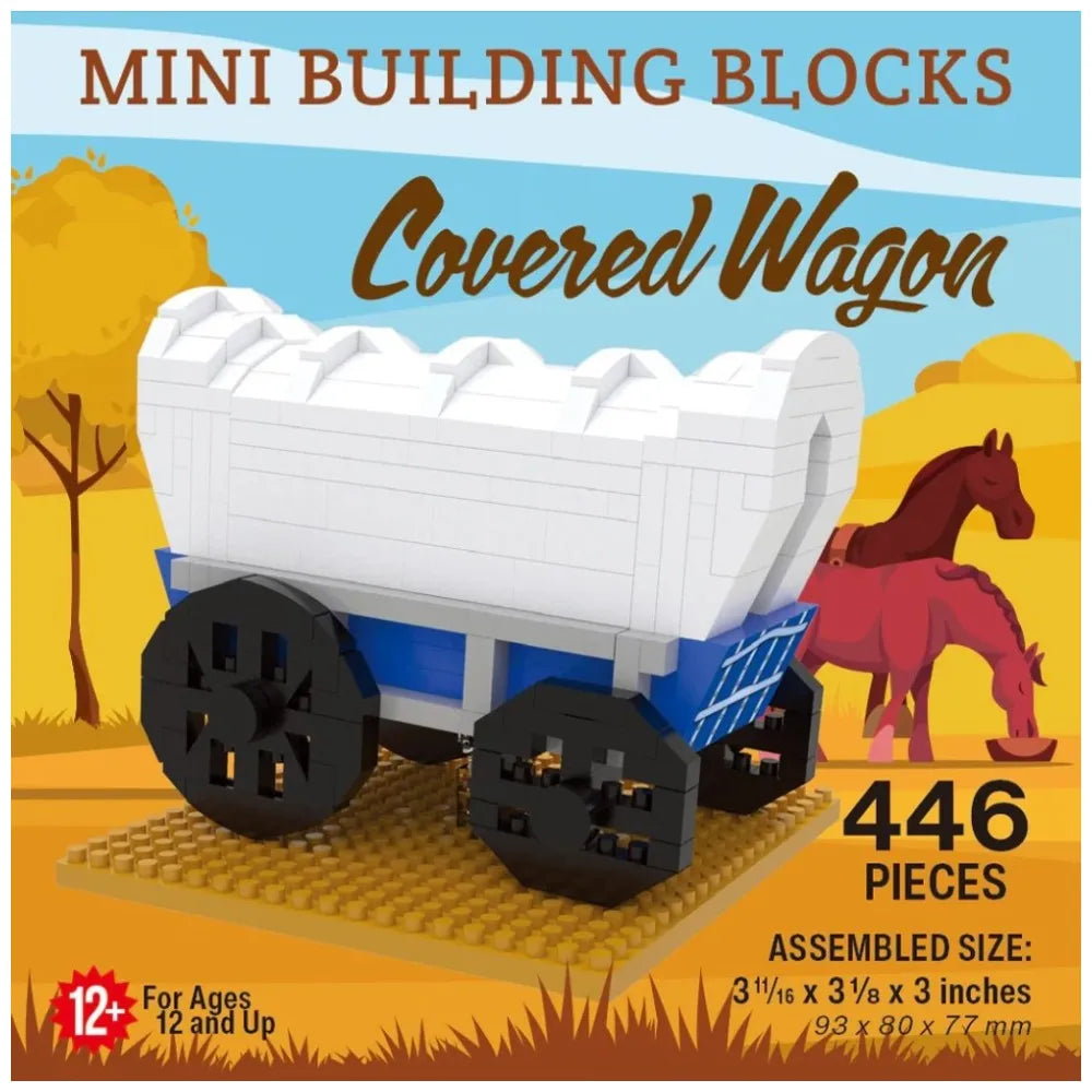 Mini building blocks set for a covered wagon with horse, on a colorful packaging background.