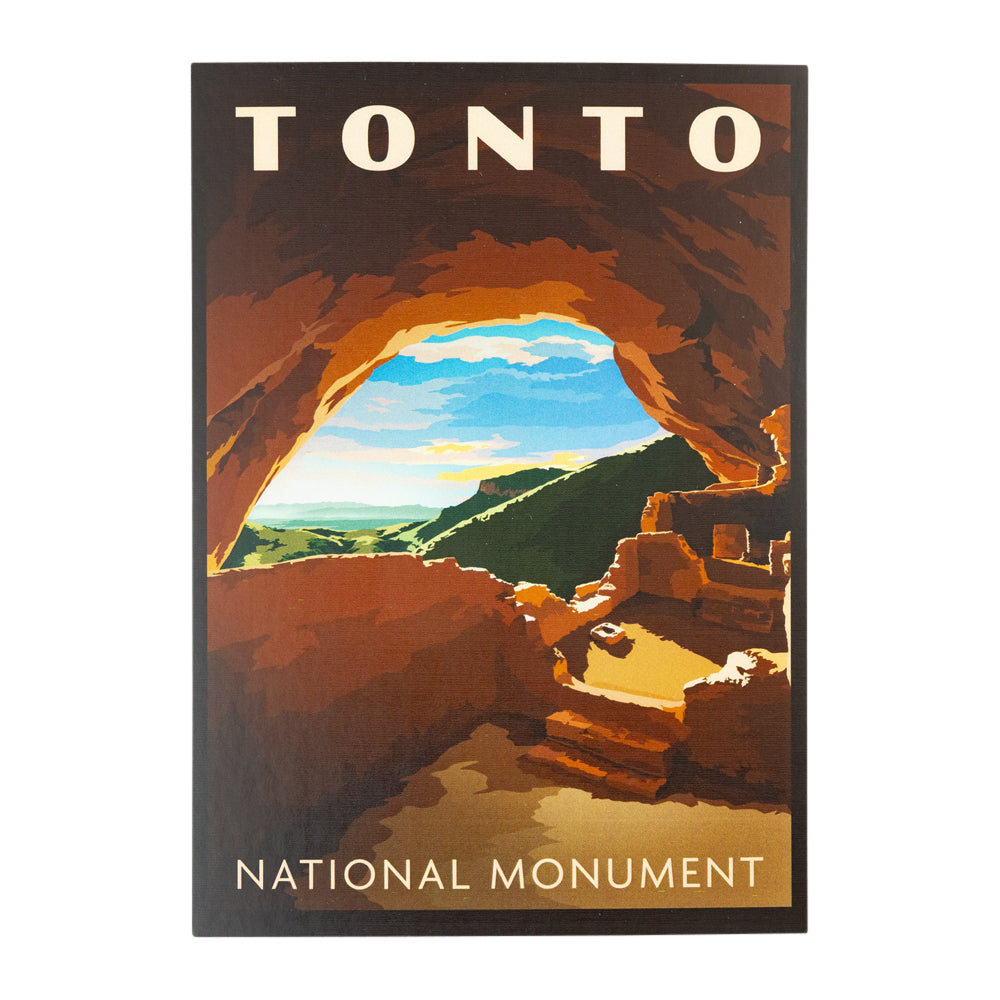 A vintage-style travel postcard for Tonto National Monument, featuring an illustration of a cave opening with a scenic landscape view and the text &