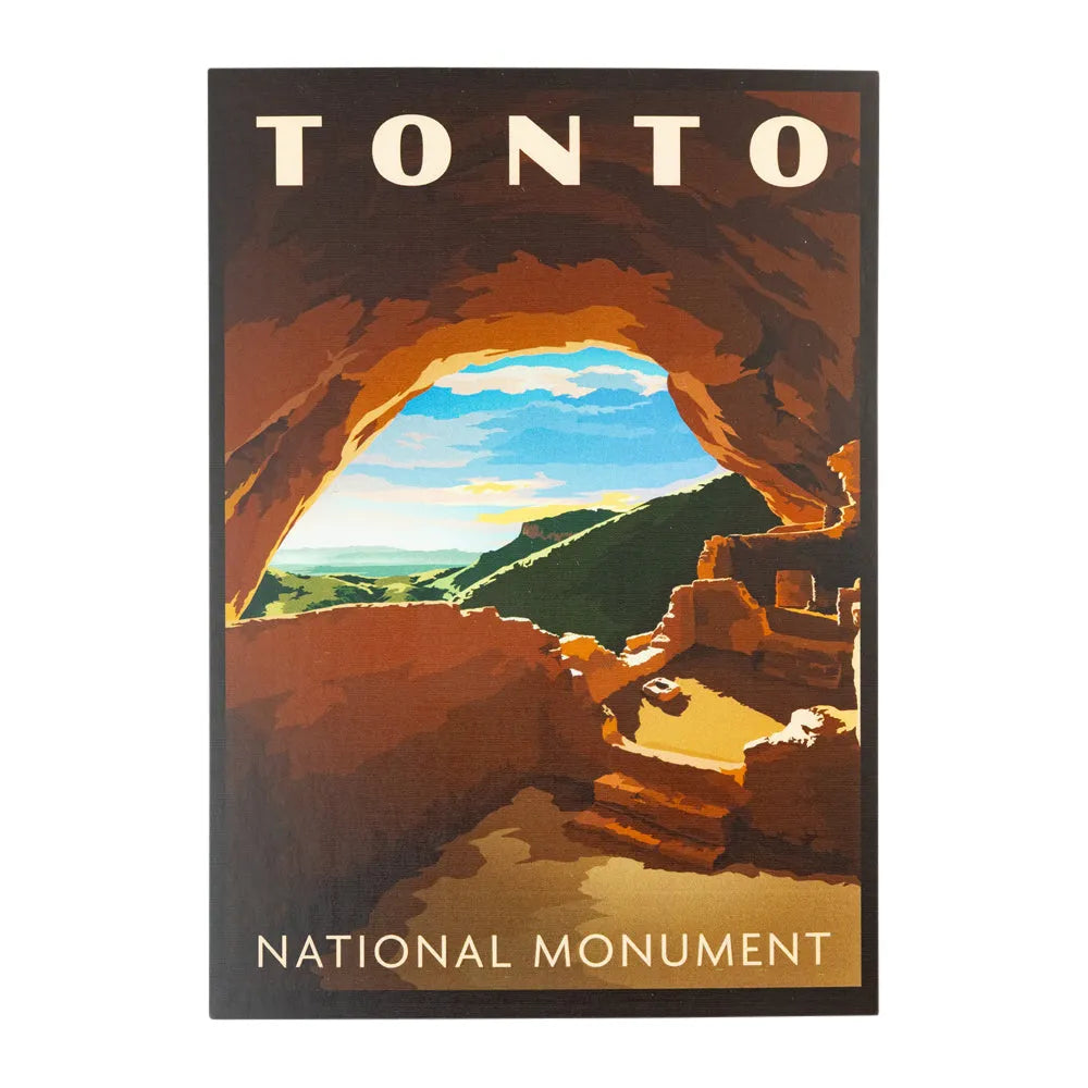 A vintage-style travel postcard for Tonto National Monument, featuring an illustration of a cave opening with a scenic landscape view and the text &
