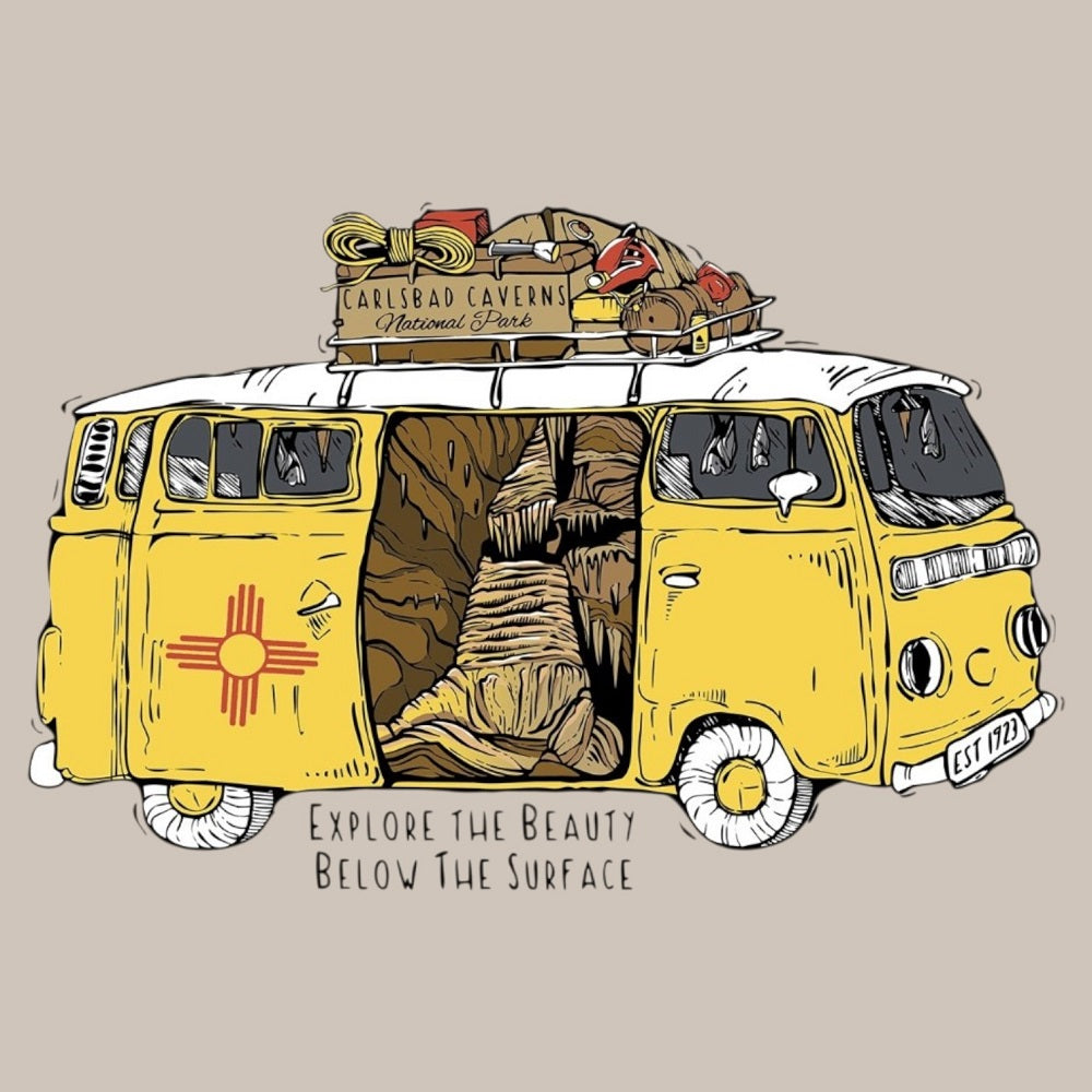 Illustration of a yellow van with a wooden sign and text on a beige background