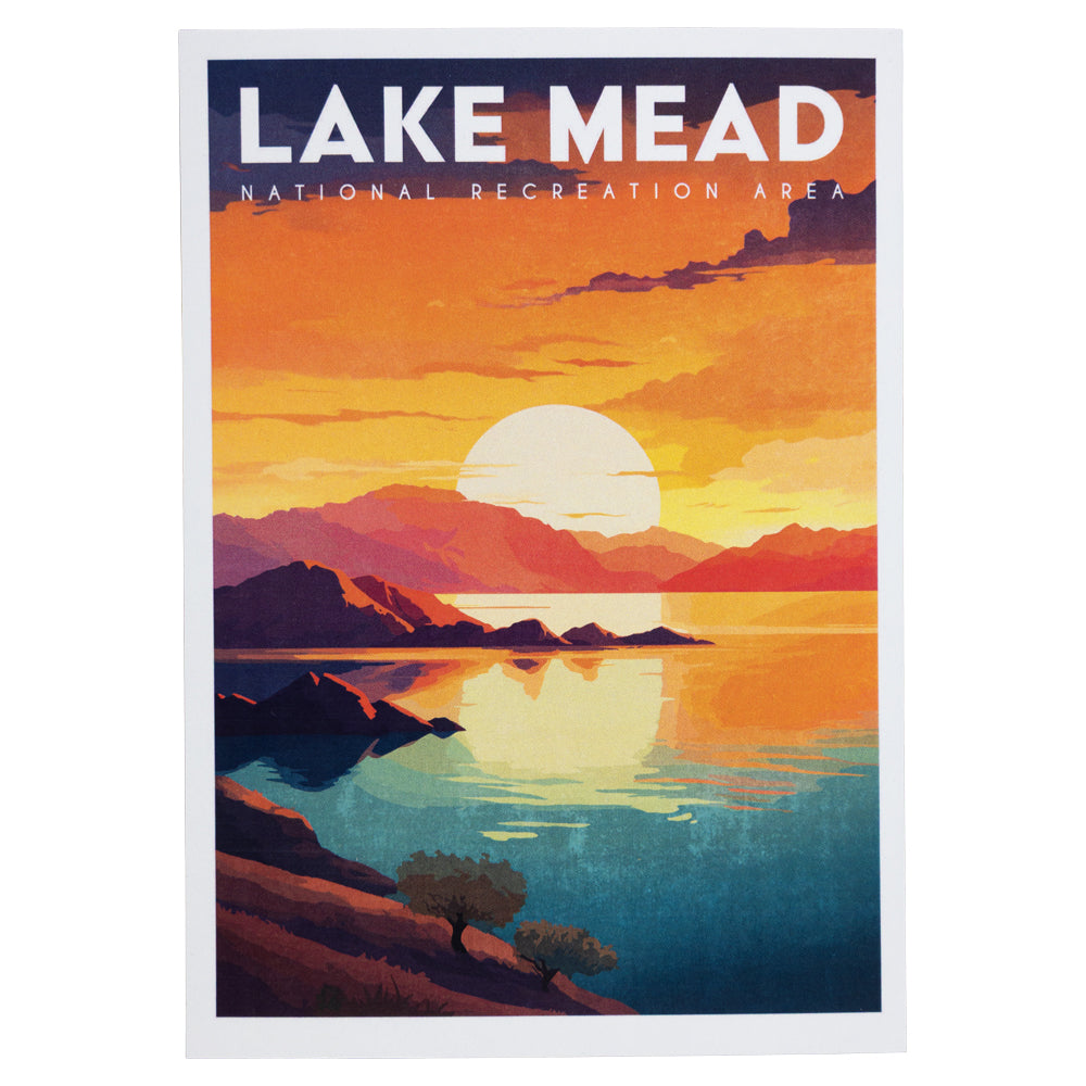 Lake Mead National Recreation Area poster with sunset over a lake and mountains.