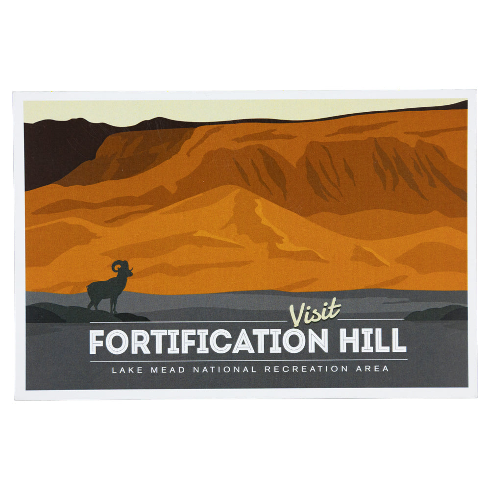 Poster of Fortification Hill with a mountain and ram illustration, promoting Lake Mead National Recreation Area.