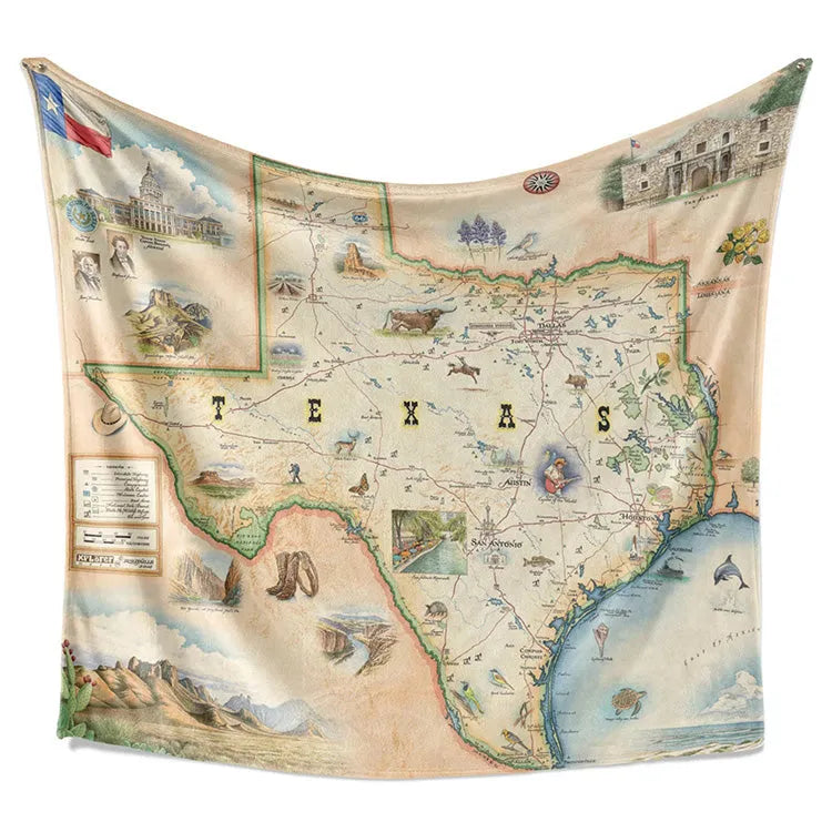 Spread out view of fleece blanket with a detailed map of Texas printed on it, including national parks and monuments.