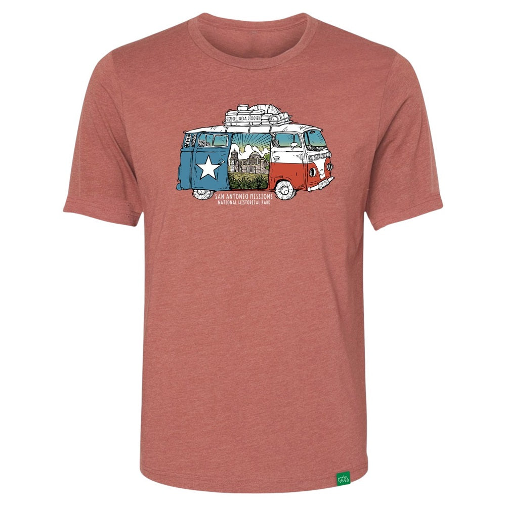 Red t-shirt with a graphic of a vintage van on a white background and text 'San Antonio Missions National Historical Park'