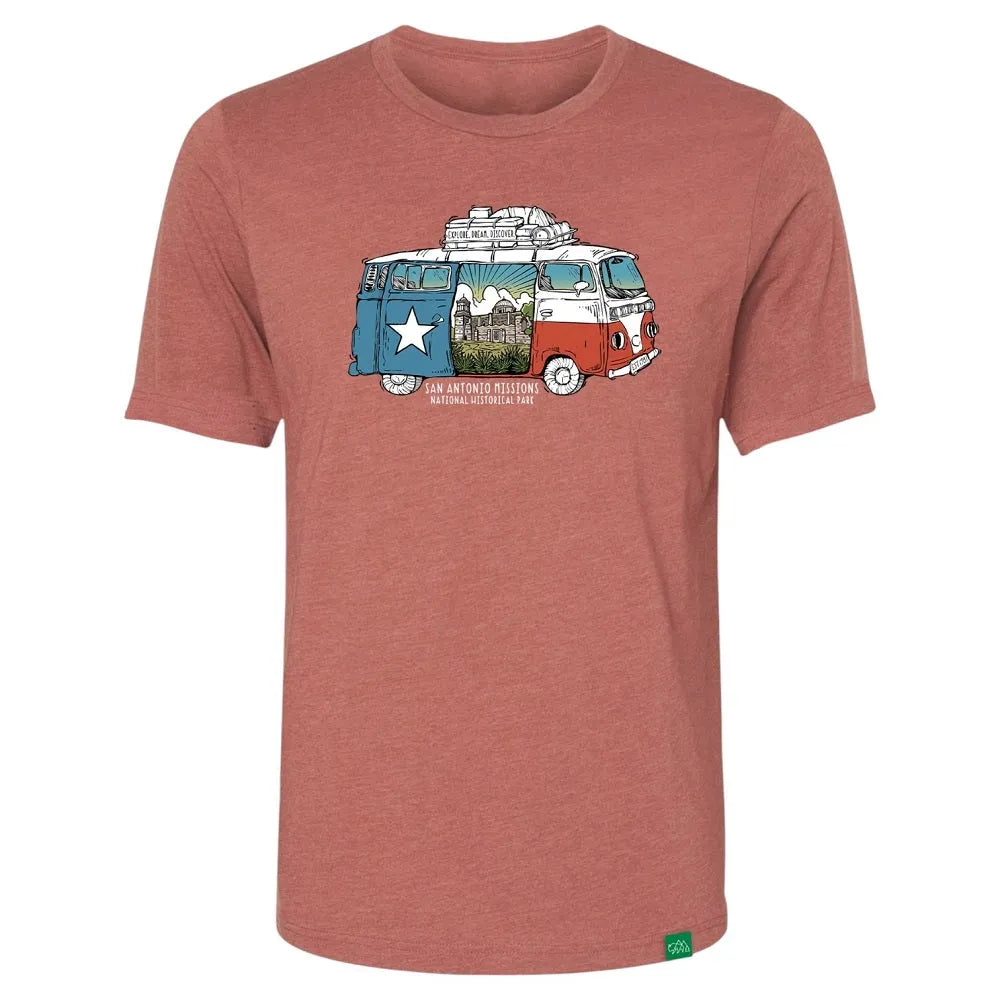 Red t-shirt with a graphic of a vintage van on a white background and text 'San Antonio Missions National Historical Park'