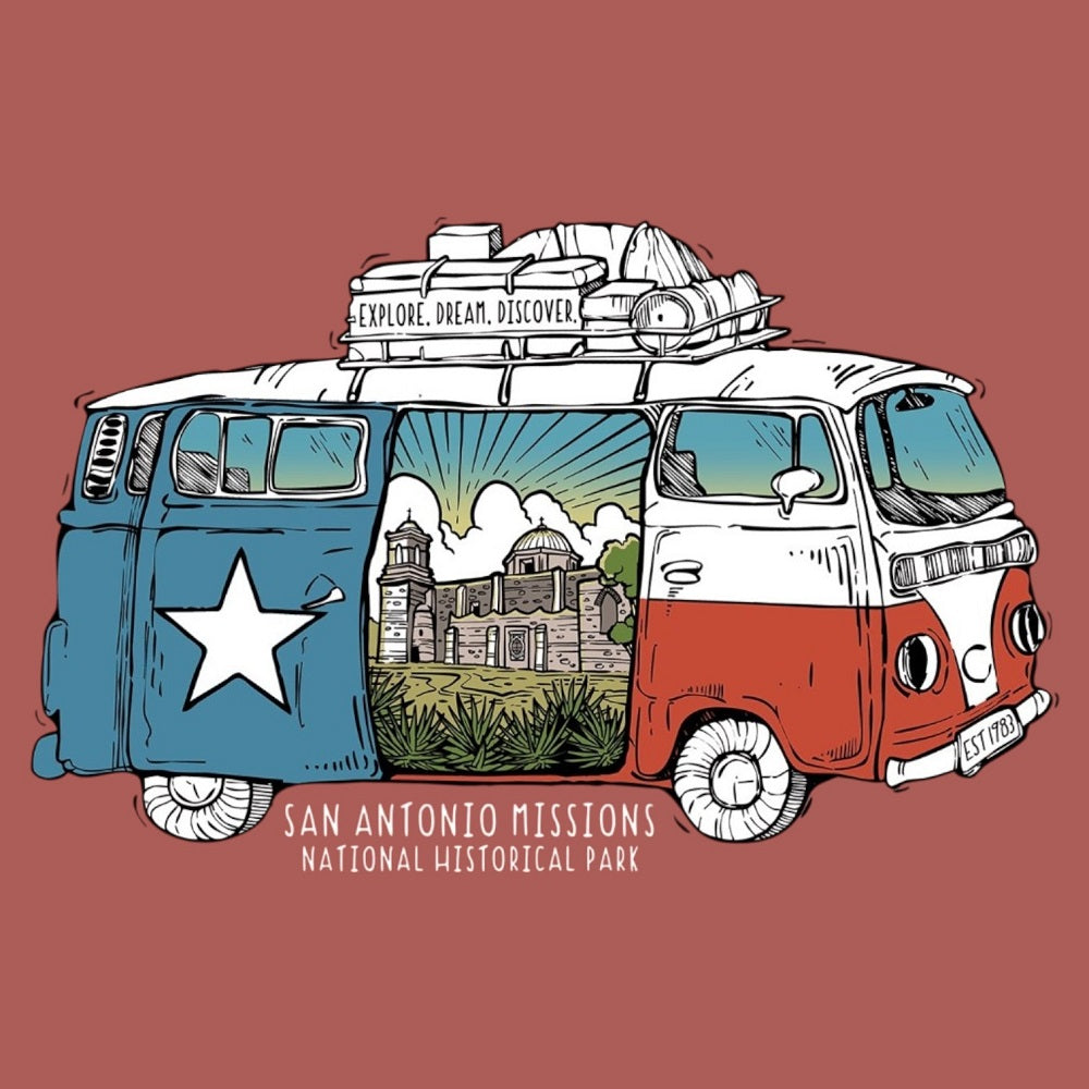 Illustration of a vintage van with a Texas flag design, featuring 'San Antonio Missions National Historical Park' on a red background.