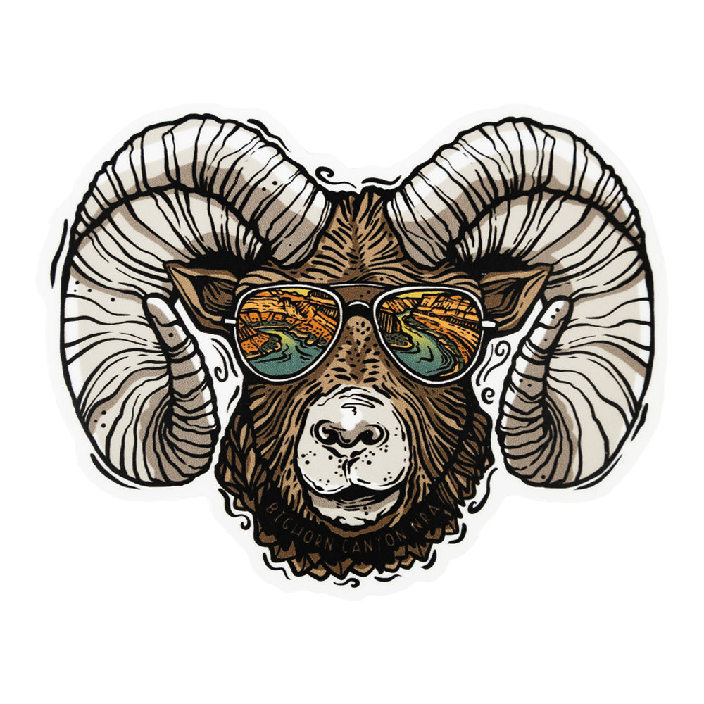 Illustration of a big horn sheep wearing sunglasses that have a reflection of a canyon and a river in them on a white background