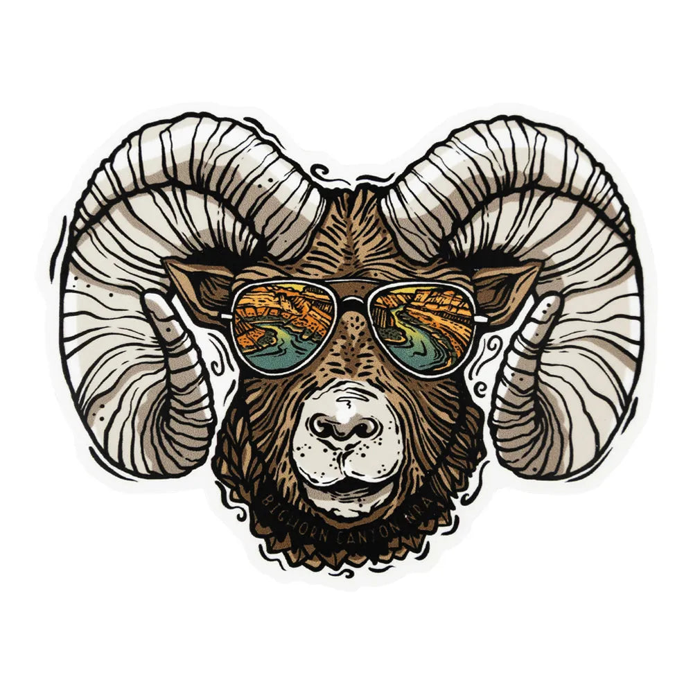 Illustration of a big horn sheep wearing sunglasses that have a reflection of a canyon and a river in them on a white background
