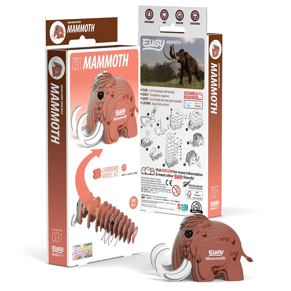 Mammoth 3D puzzlel kit with packaging and assembly instructions on a white background