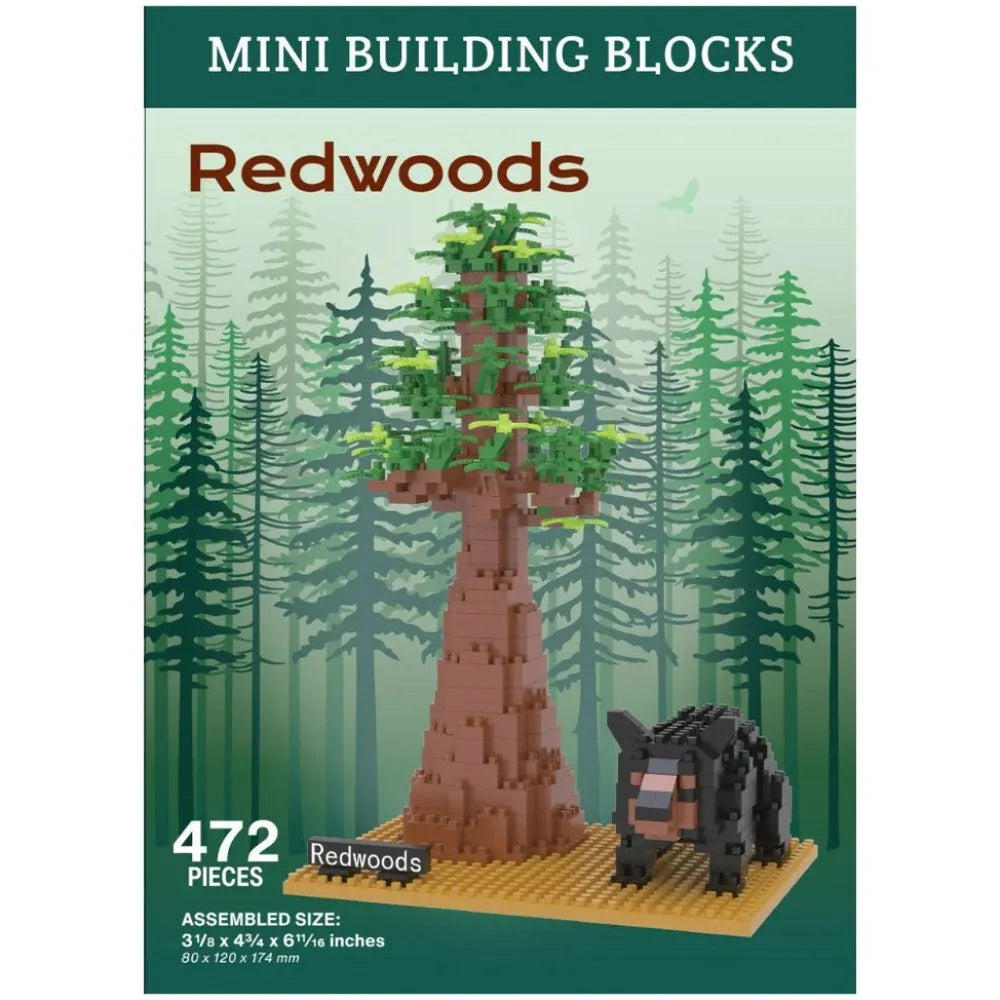 Mini building blocks set with redwood tree and bear on a green forest background