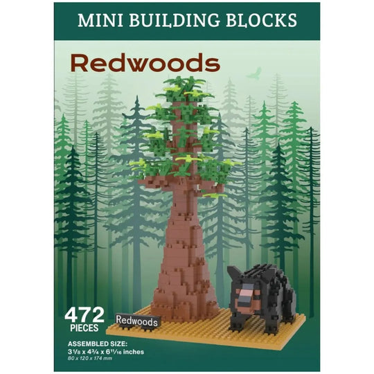 Mini building blocks set with redwood tree and bear on a green forest background