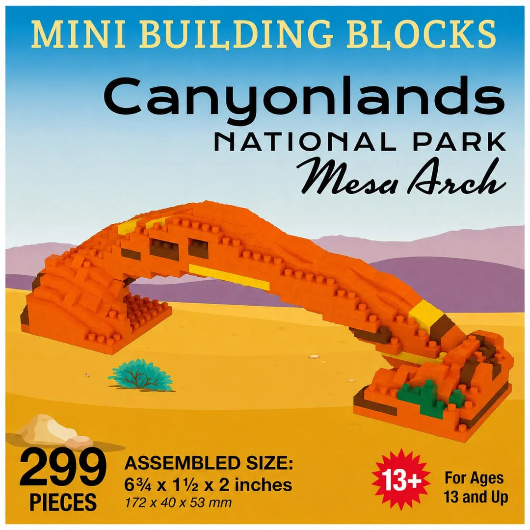 Box-style product graphic for a mini building blocks set called Canyonlands National Park Mesa Arch, showing an orange brick-built arch in a desert scene with text including '299 pieces,' 'Assembled size: 6 3/4 x 1 1/2 x 2 inches,' and 'For ages 13 and up.'.