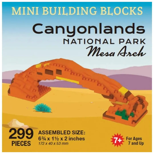 Mini building blocks set of Canyonlands National Park Mesa Arch with desert landscape illustration.