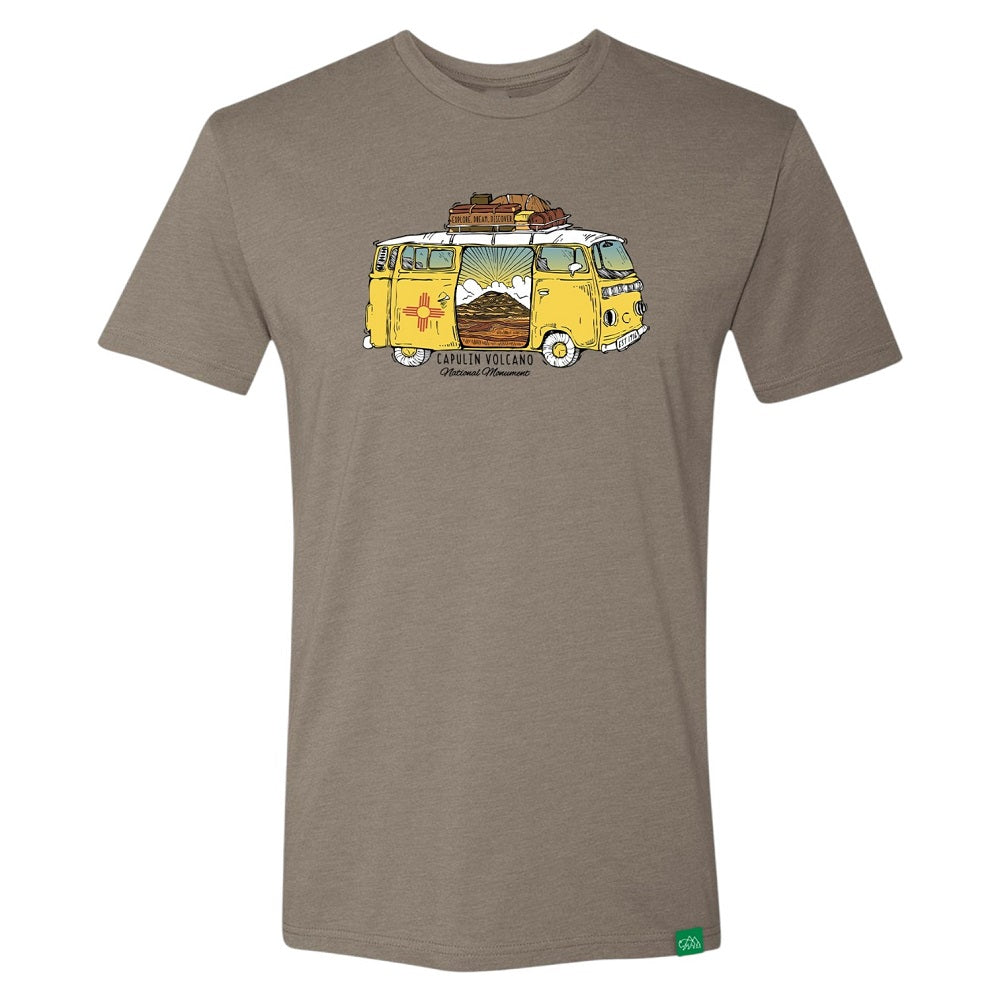 Brown t-shirt with a yellow van graphic and desert landscape on a white background with text 'Capulin Volcano National Monument'